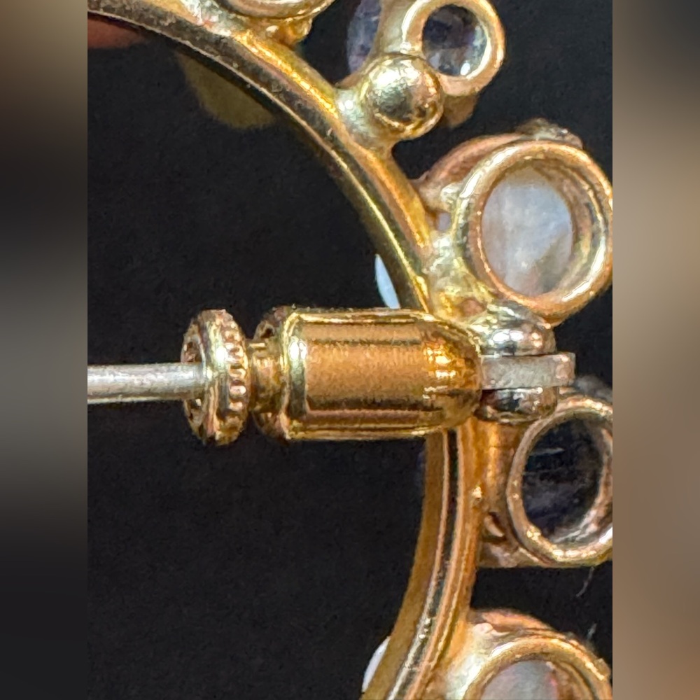 Vtg 14K? Yellow Gold Opal & Sapphire Circle Brooch Screw Lock Pin Mid-Century 8g - Picture 4 of 16